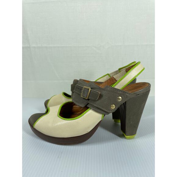 CHIE MIHARA Peep Toe Platform Heels Size 6 Leather Colorblock Wood Heel Retro - Picture 4 of 12